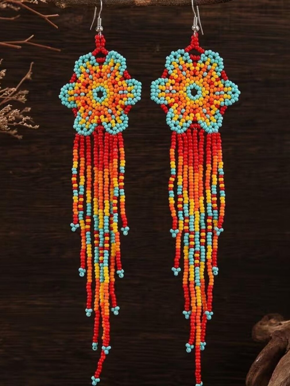 LONG ELEGANT MEXICAN HANDMADE TURQUOISE, ORANGE & YEALLOW GLASS BEADS EARRINGS N
